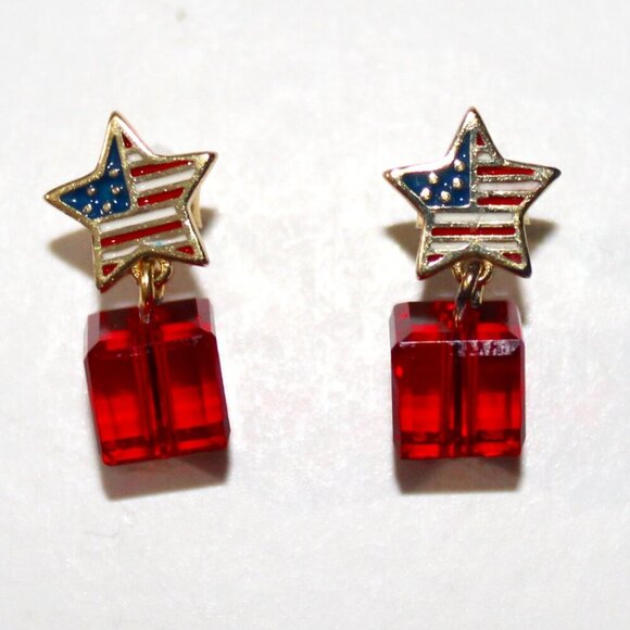 Sterling Silver Gold Tone American Star Flag Crystal Bead Stud Earrings - Picture 1 of 4
